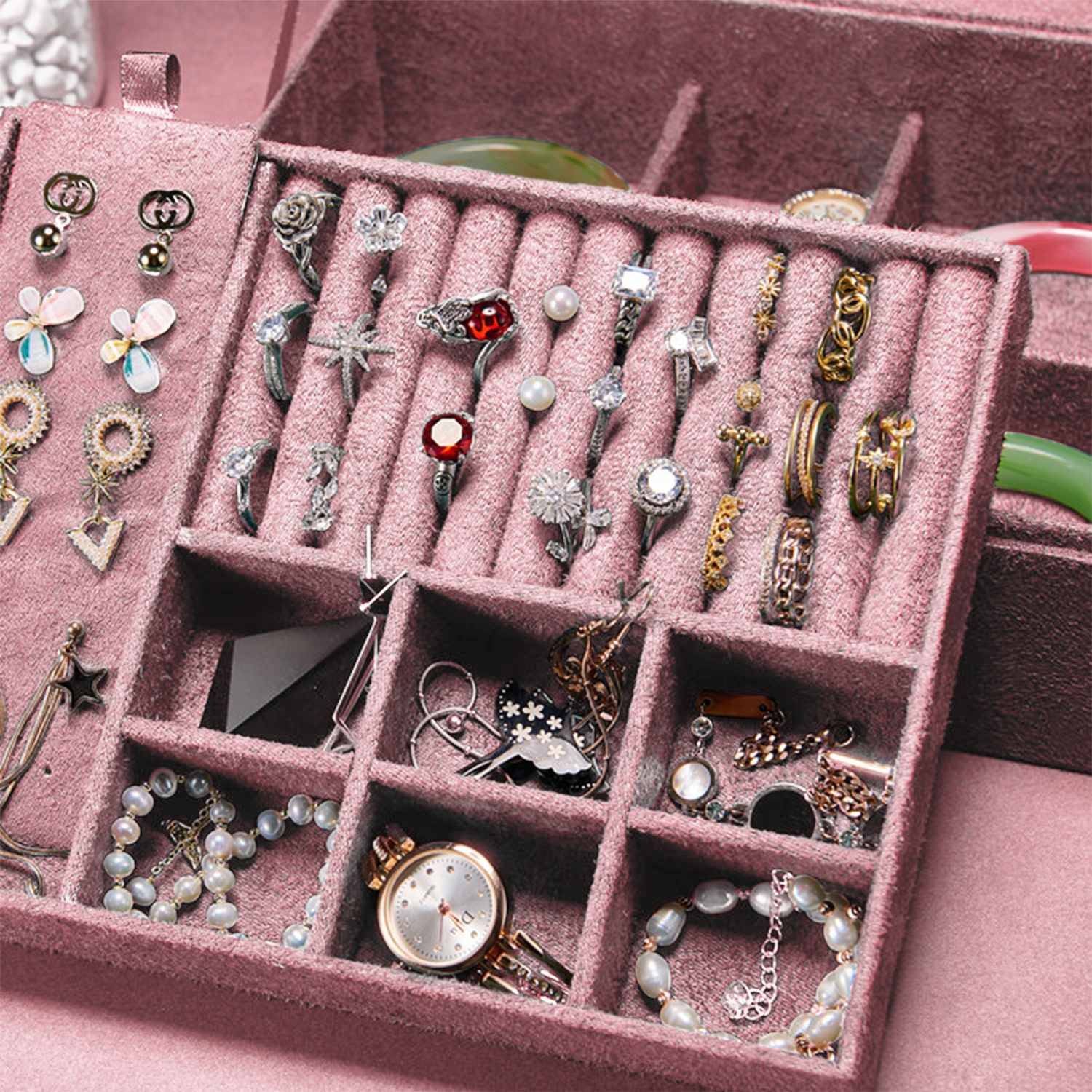 Intirilife hochwertige Juwelenbox Schmuckschatulle Accessoirekästchen in Rosa - Zum Aufbewahren von Ringen Ketten Uhren Ohrringen und Armbändern