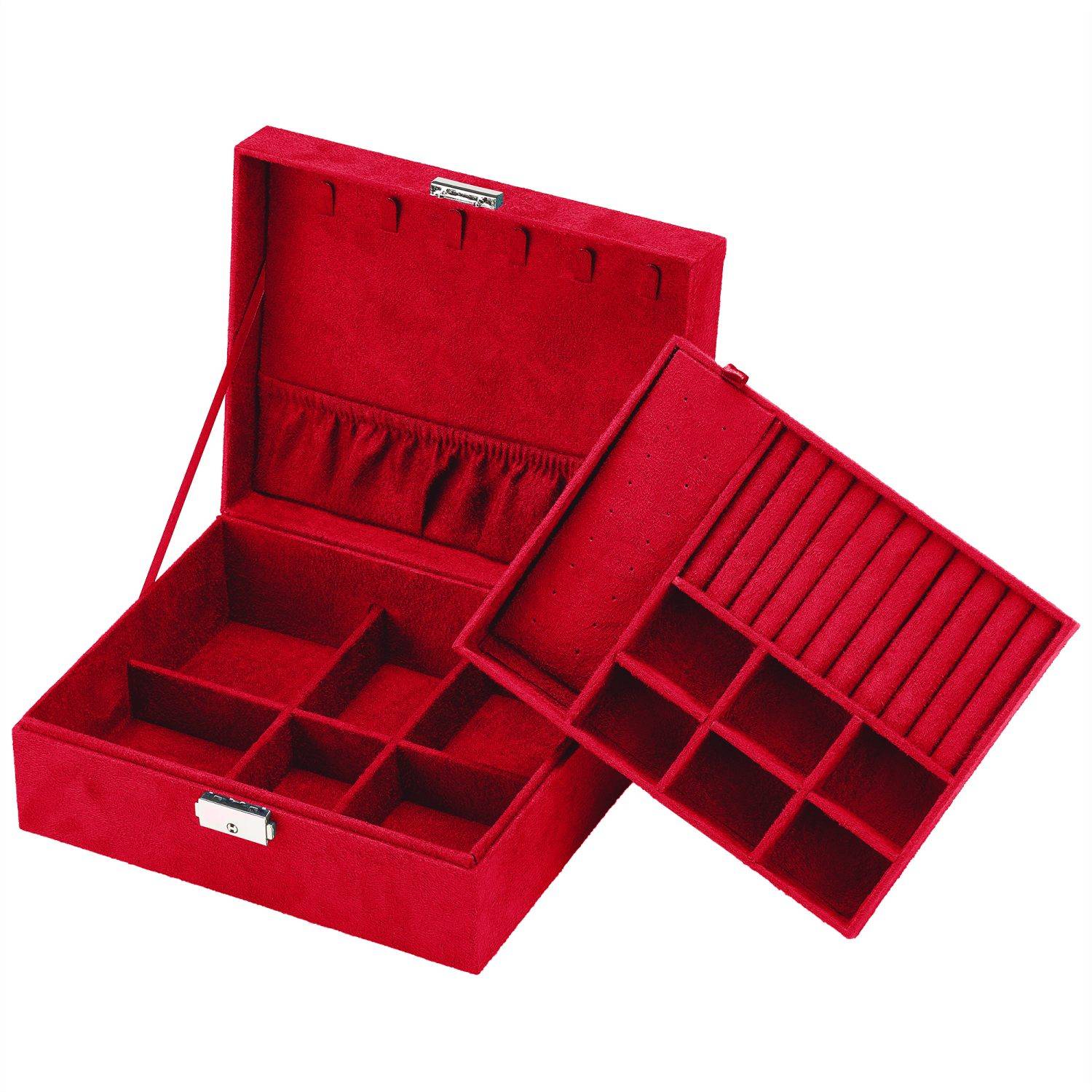 Intirilife hochwertige Juwelenbox Schmuckschatulle Accessoirekästchen in Rot - Zum Aufbewahren von Ringen Ketten Uhren Ohrringen und Armbändern