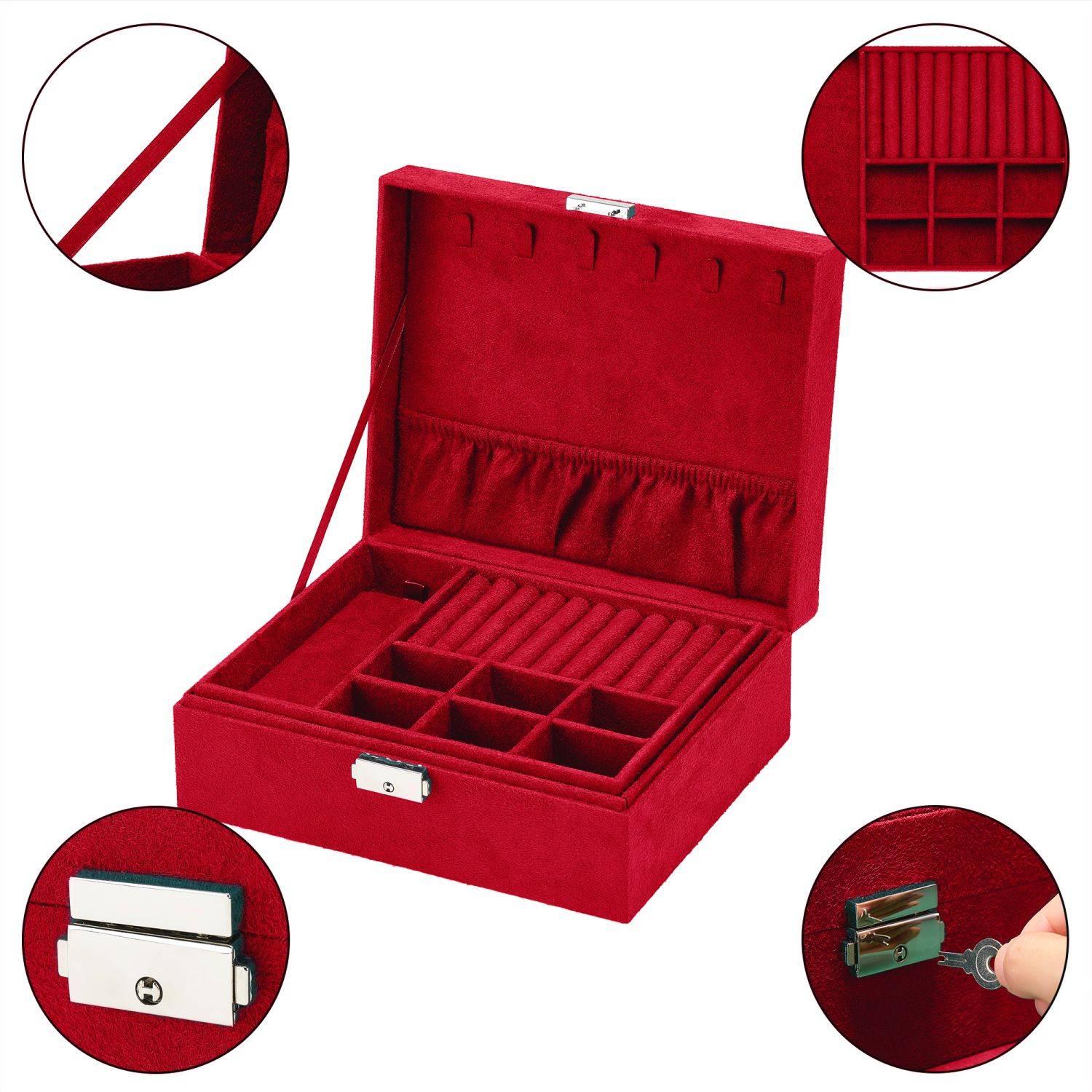 Intirilife hochwertige Juwelenbox Schmuckschatulle Accessoirekästchen in Rot - Zum Aufbewahren von Ringen Ketten Uhren Ohrringen und Armbändern