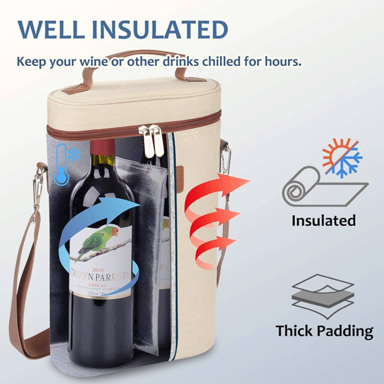 Intirilife Weinkühler Tragetasche für Wein, Champagner, Getränkekühler - Flaschenkühler für Reisen, Picknick, Ausflug, isoliert