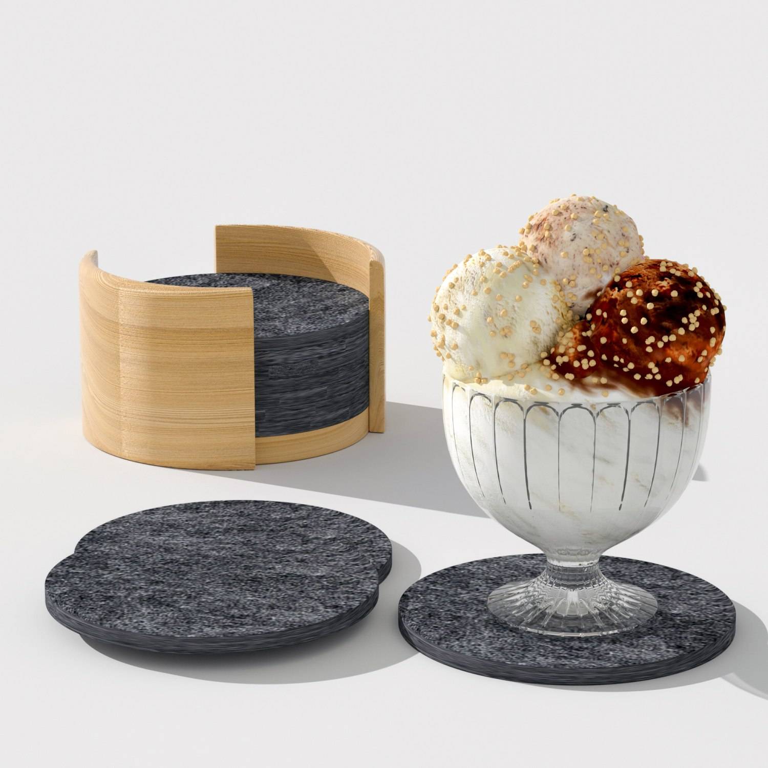 Intirilife 10er Set praktische Filzuntersetzer mit Holzhalterung in Dunkel Grau für Gläser Tassen Flaschen Schüsseln und mehr