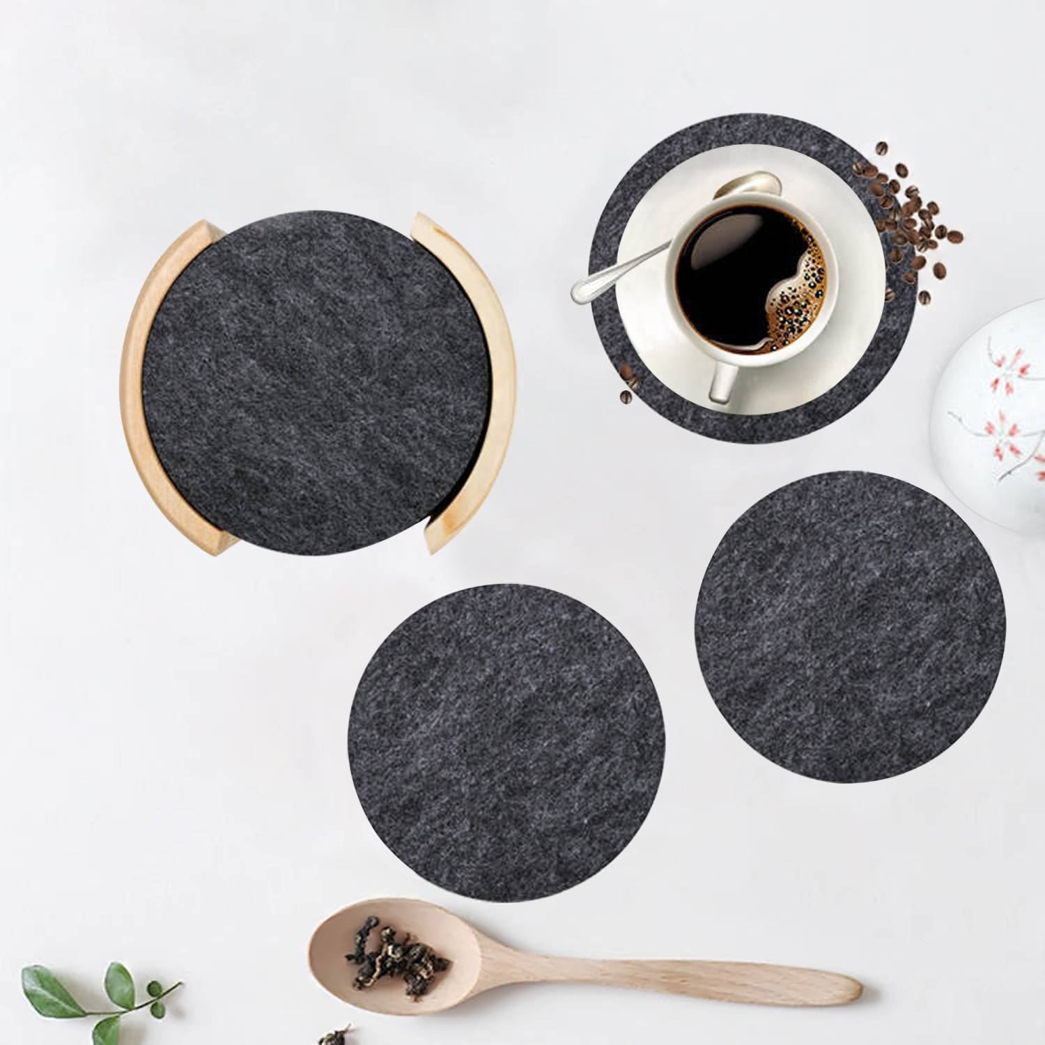 Intirilife 10er Set praktische Filzuntersetzer mit Holzhalterung in Dunkel Grau für Gläser Tassen Flaschen Schüsseln und mehr