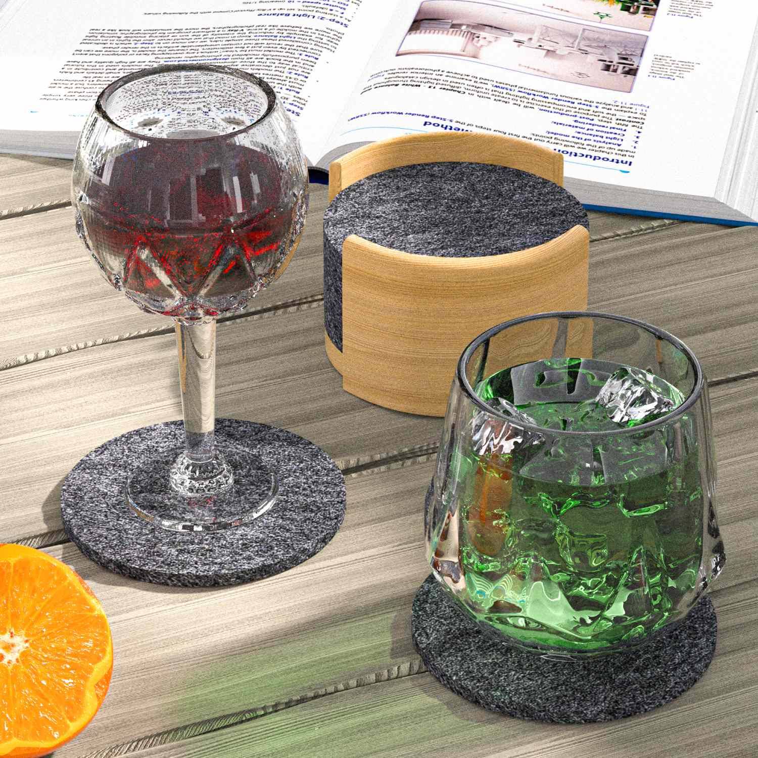 Intirilife 10er Set praktische Filzuntersetzer mit Holzhalterung in Dunkel Grau für Gläser Tassen Flaschen Schüsseln und mehr