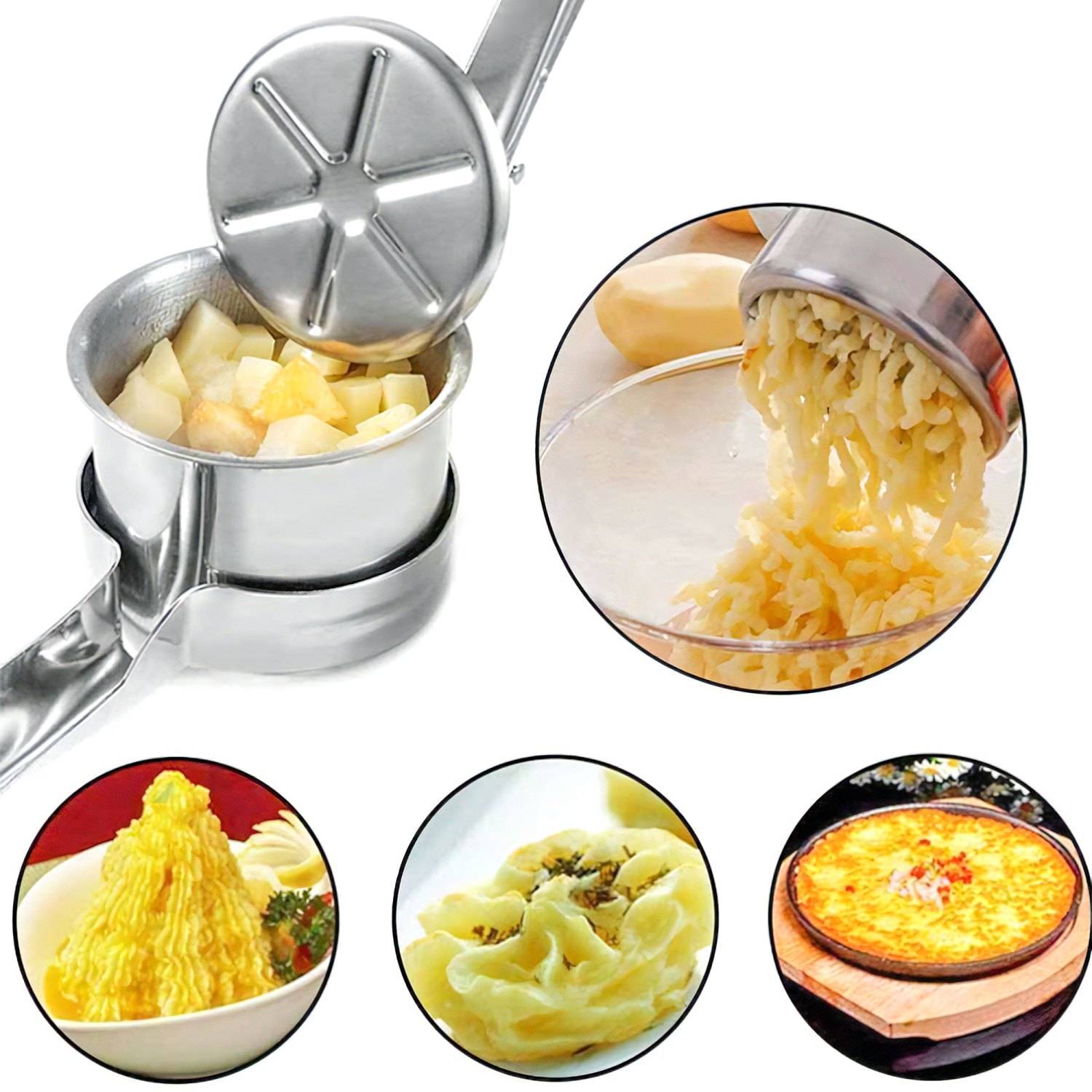 Intirilife multifunktionale Edelstahl Kartoffelstampfer Spätzlepresse in Silber für Küche Restaurant und Catering