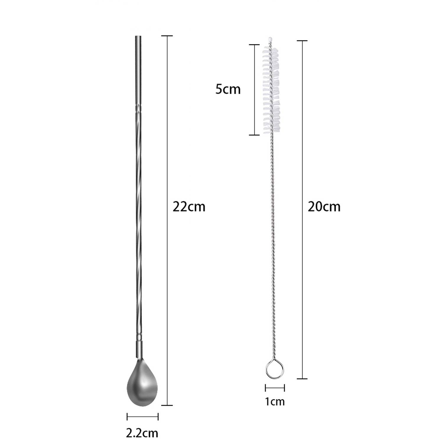 Intirilife 8x umweltfreundliche Edelstahl Strohhalmlöffel in Silber mit 19 cm Länge, 2 schmale Bürsten zum Reinigen und eine Aufbewahrungstasche au