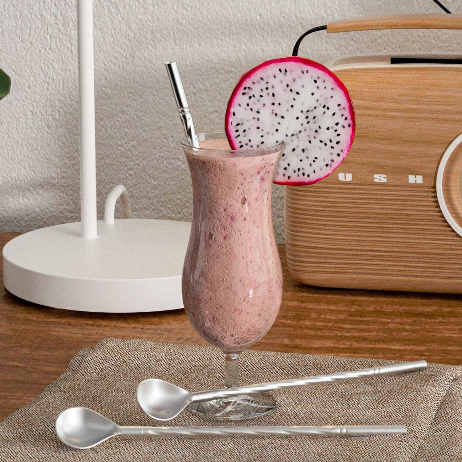 Intirilife 8x umweltfreundliche Edelstahl Strohhalmlöffel in Silber mit 19 cm Länge, 2 schmale Bürsten zum Reinigen und eine Aufbewahrungstasche au