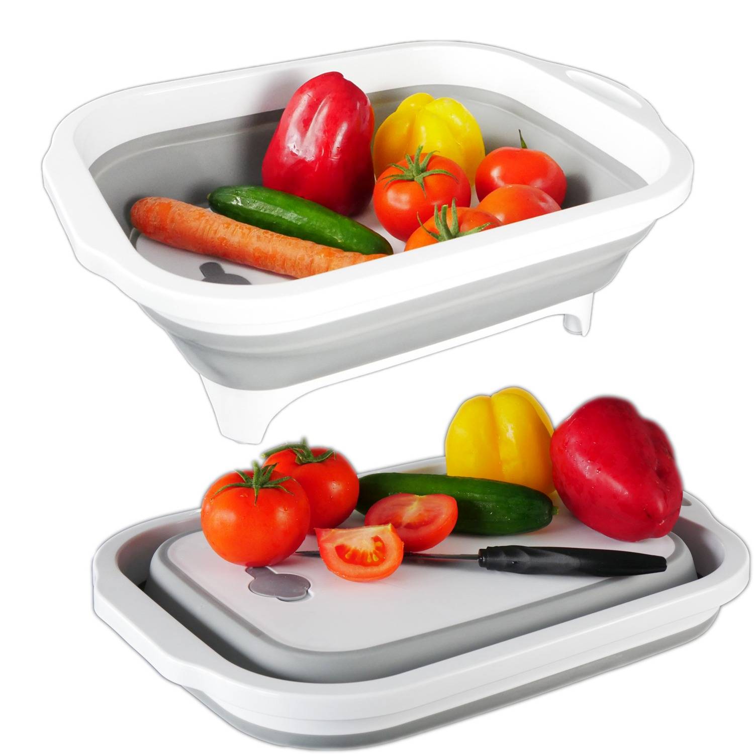 Intirilife Multifunktionales zusammenklappbares Schneidebrett Abtropfbehälter mit 8L Volumen in Grau - Weiß mit Aufbewahrungsbox für Schneiderwerkz