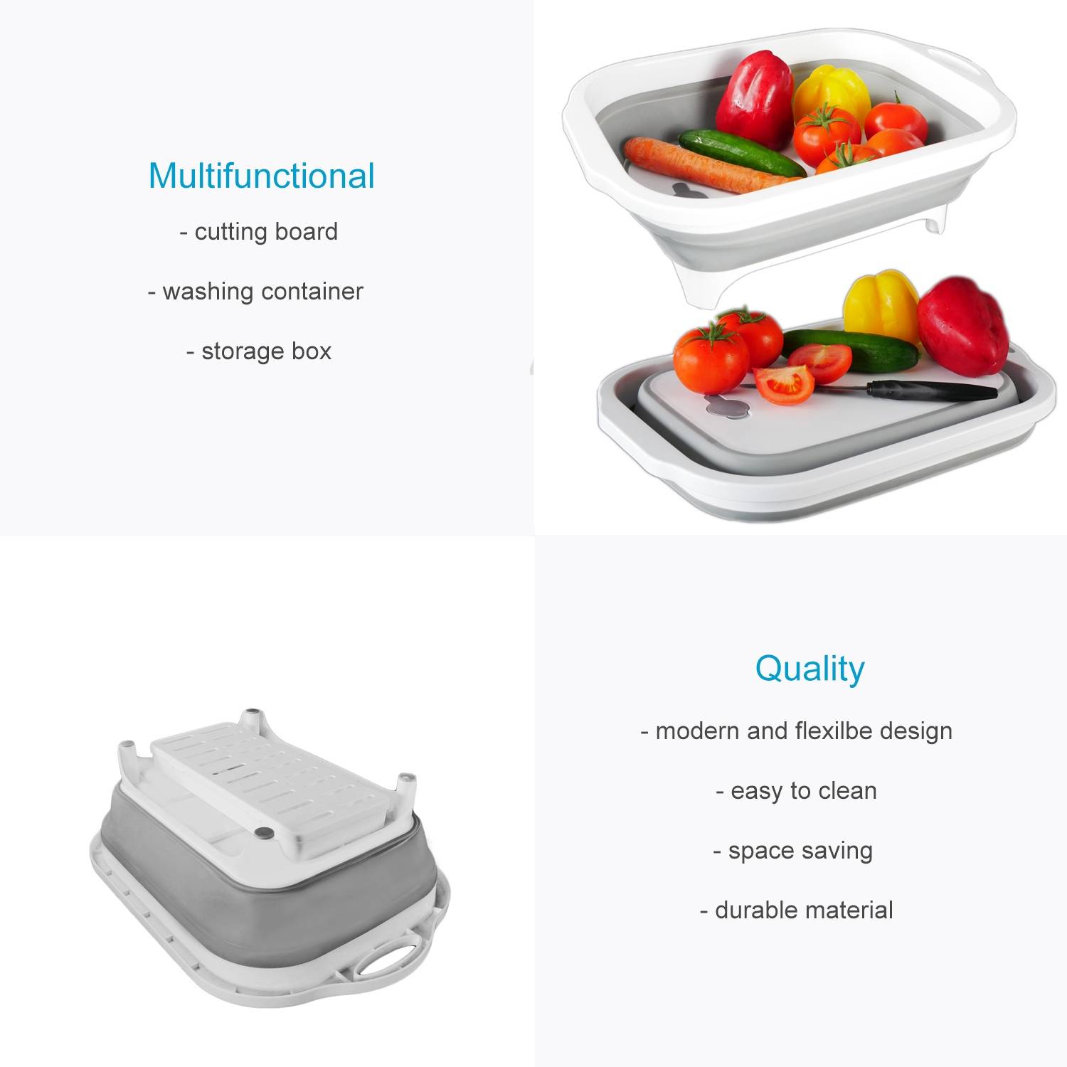 Intirilife Multifunktionales zusammenklappbares Schneidebrett Abtropfbehälter mit 8L Volumen in Grau - Weiß mit Aufbewahrungsbox für Schneiderwerkz