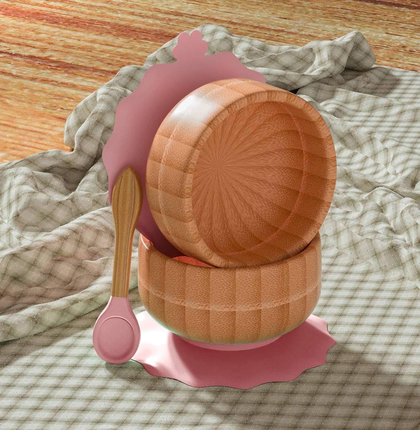 Intirilife Baby Bambusschalen-Set Bambusschüssel mit Saugnapf und Löffel in Rosa - Zum Essen und Füttern von Babys und Kleinkindern