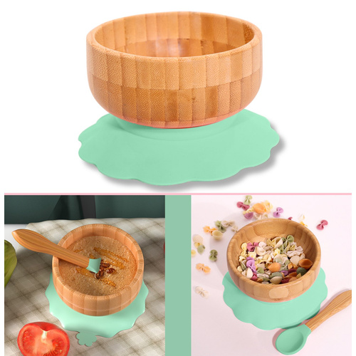 Intirilife Baby Bambusschalen-Set Bambusschüssel mit Saugnapf und Löffel in Grün - Zum Essen und Füttern von Babys und Kleinkindern