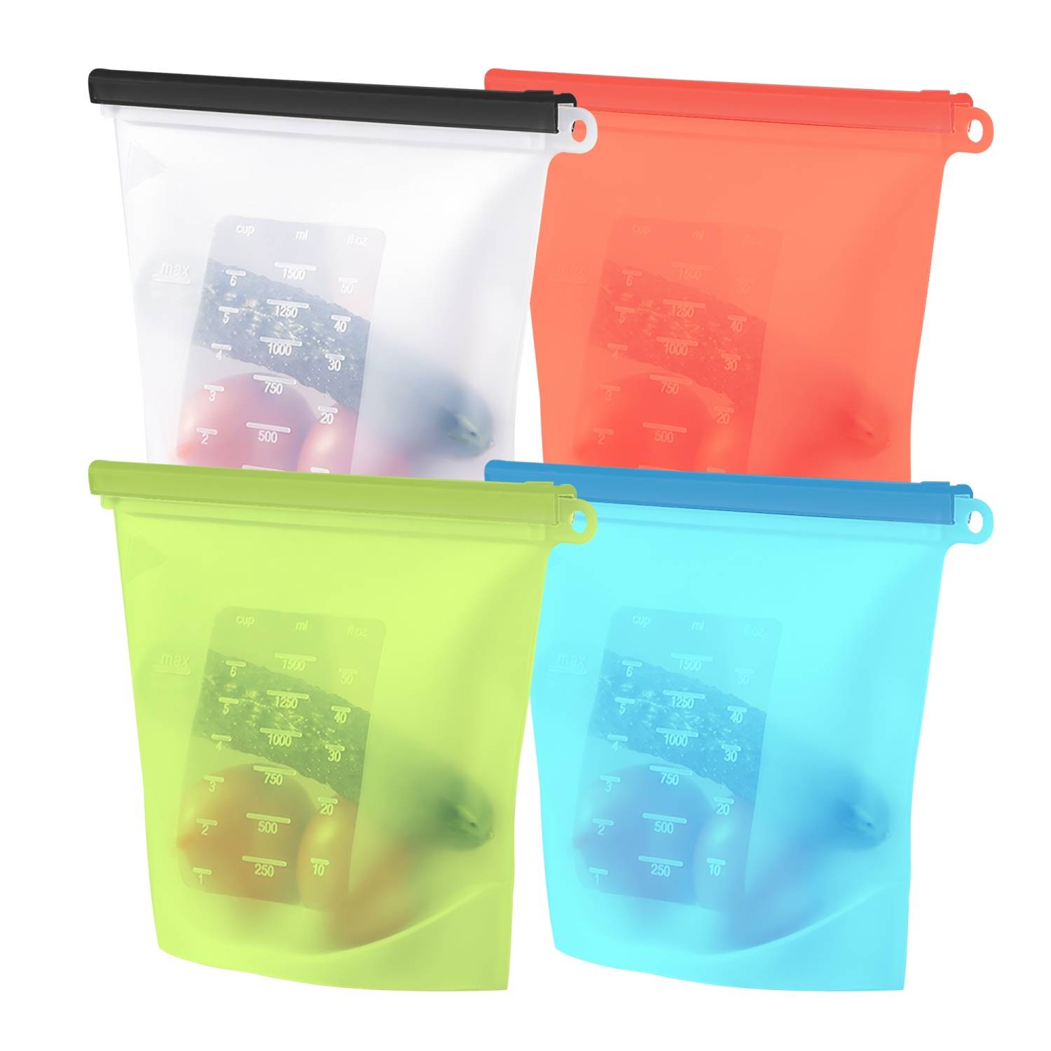 Intirilife 4er-Set wiederverwendbare Lebensmittelbeutel aus Silikon mit 1L Füllmenge in mehreren Farben - Hält Ihre Lebensmittel länger frisch