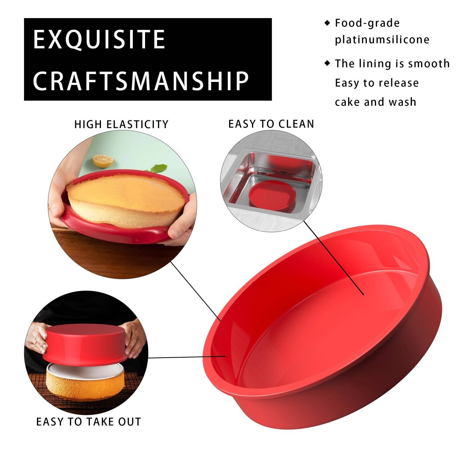 Intirilife 4-teiliges Set Silikon Kuchenbackformen in Rot - 10 cm, 16.3 cm, 19.8 cm, 25 cm - Backform Kuchenform Zum Backen von Torten Kuchen