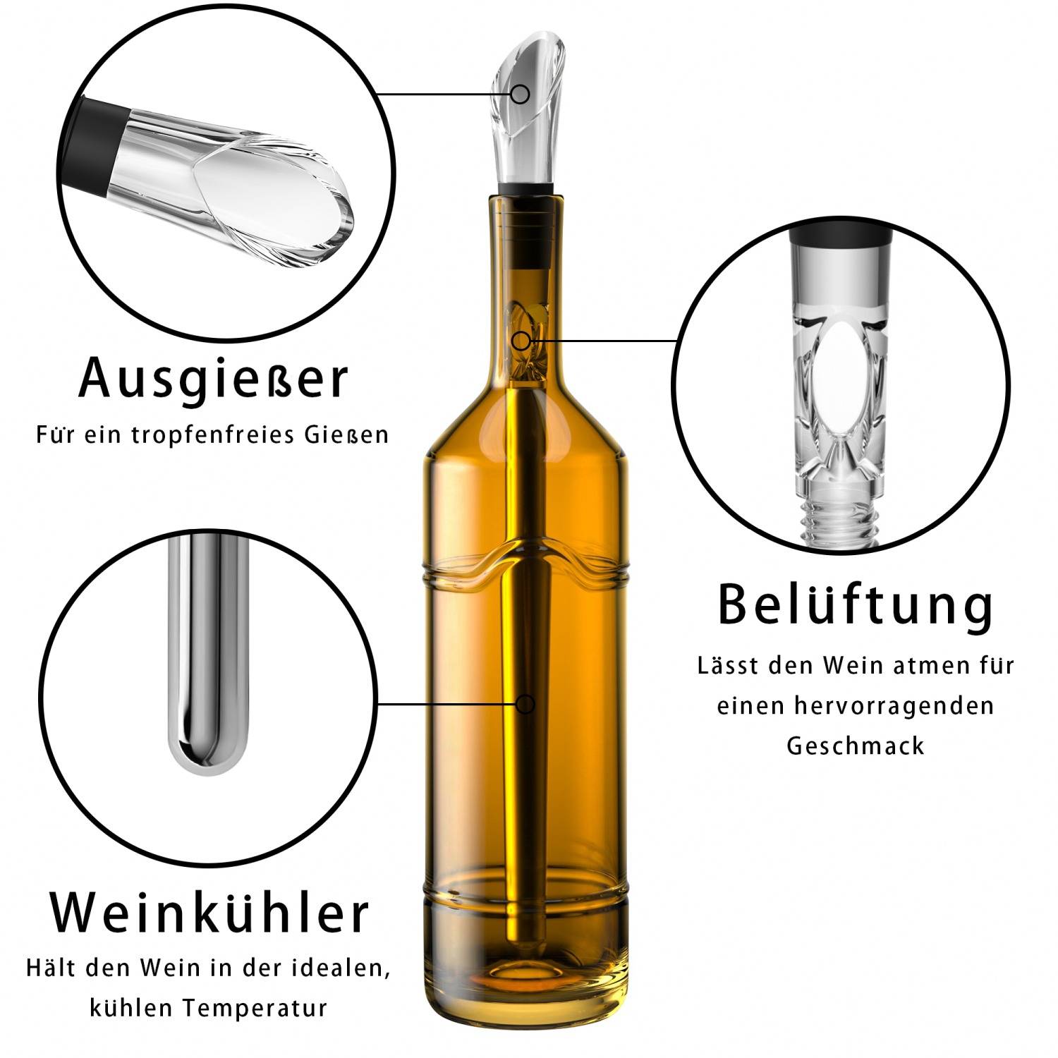 Intirilife Edelstahl Weinkühlstab Flaschenkühler Weinkühler mit Ausgießer in Silber - 2 teiliges Set für exzellenten Weingenuss ohne zu Verschüt