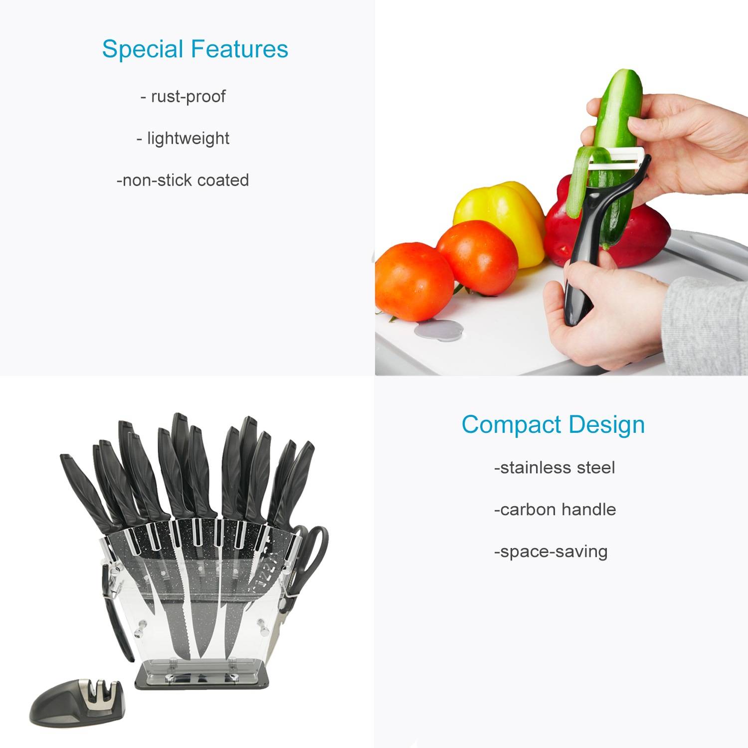 Intirilife 17-teiliges Set Küchenmesser mit Messerblock und Schärfer Sparschäler multifunktionale Schere und Messer - Zum Schneiden Schälen und au