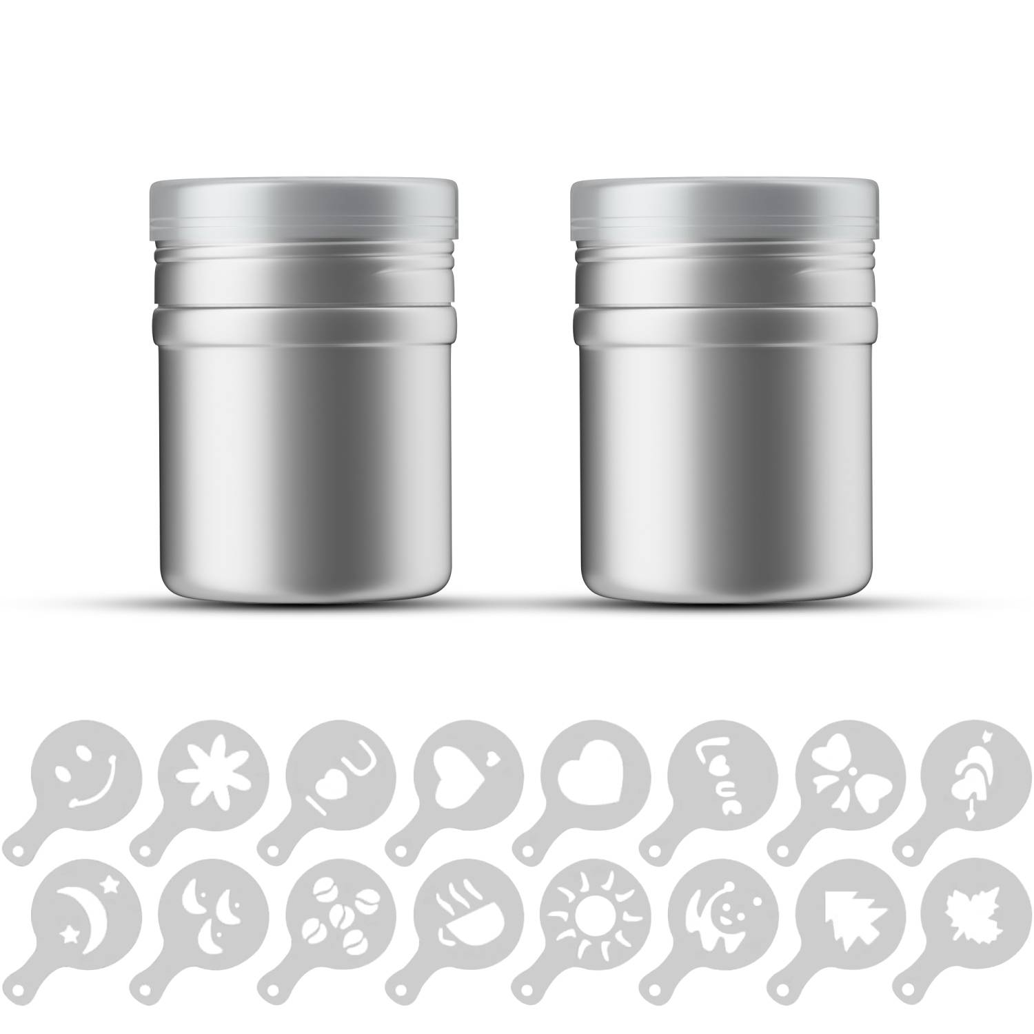 Intirilife 18-teiliges Set Puderstreuer 2 Pulverschüttler 16 verschiedenen Schablonen in Silber Weiß - Zum Dekorieren und Bestäuben Backset Kuchend