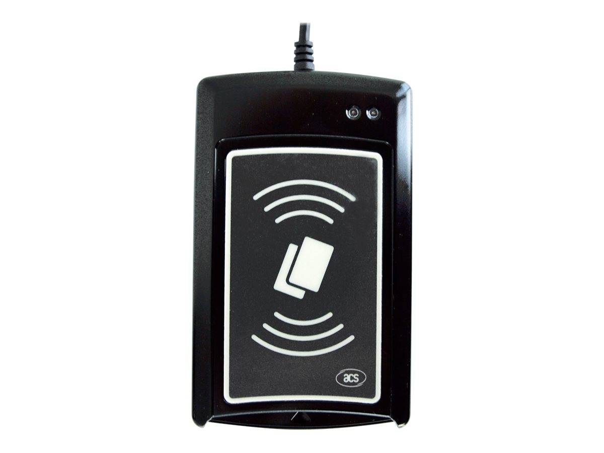 Schwarzer RFID-Kartenleser mit drahtlosem kontaktlosen Scansymbol und kleinen Statusleuchten oben.