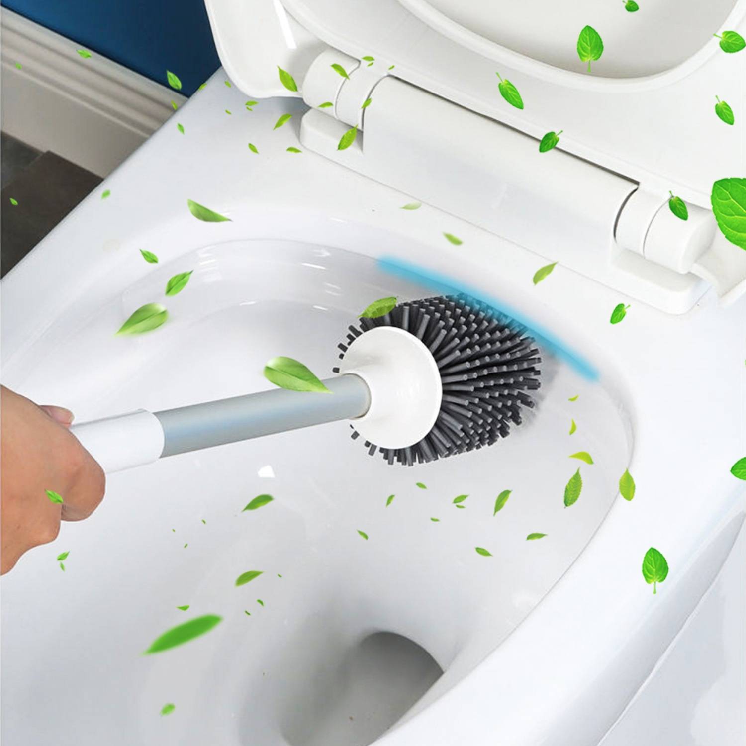 Intirilife flexible Silikon Toilettenbürste mit praktischen Behälter in Weiß-Grau - Zur einfachen Reinigung der Toilette