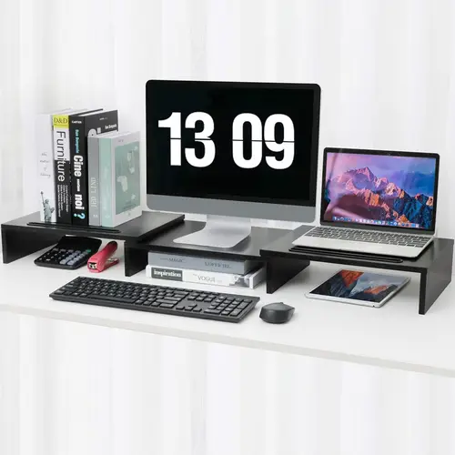 Intirilife 3-teilige Bildschirmständer längenverstellbarer Schreibtischständer in Schwarz - 74 (104) x 27 x 10 cm - Bildschirmerhöhung mit Handyha Intirilife 3-teilige Bildschirmständer längenverstellbarer Schreibtischständer in Schwarz - 74 (104) x 27 x 10 cm - Bildschirmerhöhung mit Handyha