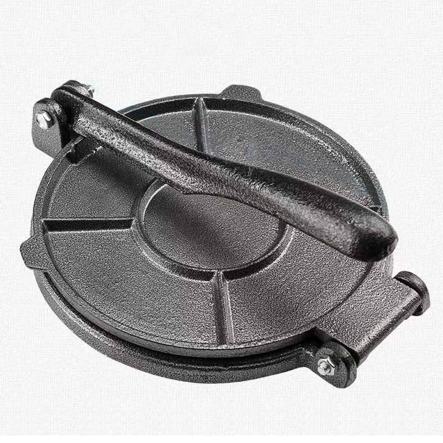 Intirilife Handliche Tortillapresse Empanadapresse aus Eisen in Schwarz - 18 cm Durchmesser - Zum Formen von Teigwaren wie flaches Brot Pizzateig