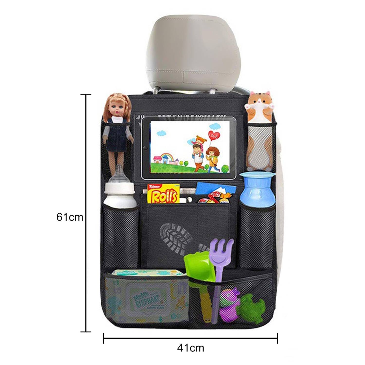 Intirilife Multifunktionale Autorücksitz Tasche Aufbewahrungstasche Rücklehnenschutz aus Polyester in Schwarz - 41 x 61 cm