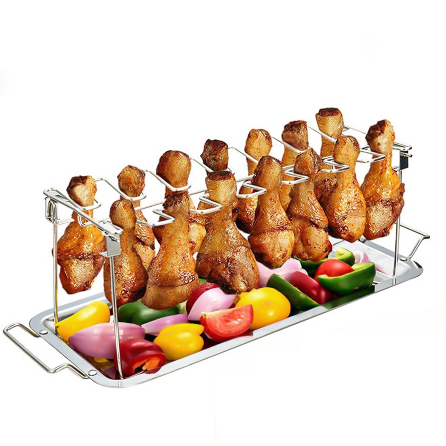 Intirilife Hähnchenbeingestell Hühnerschenkelhalterung mit Abtropfschale in Silber Edelstahl - Zum einfachen Anbraten von Hühnerkeulen beim Grillen