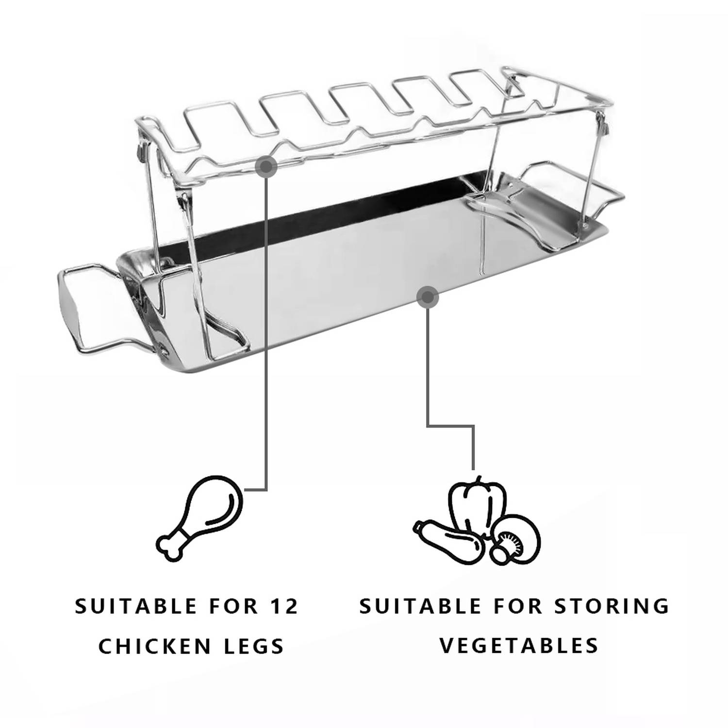 Intirilife Hähnchenbeingestell Hühnerschenkelhalterung mit Abtropfschale in Silber Edelstahl - Zum einfachen Anbraten von Hühnerkeulen beim Grillen