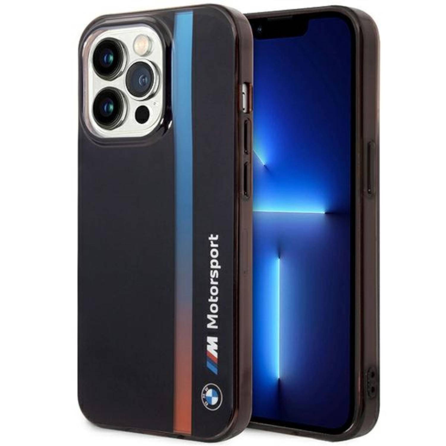 BMW Tricolor Stripe Hardcover Case Hülle für Apple iPhone 14 Pro Max Schwarz.