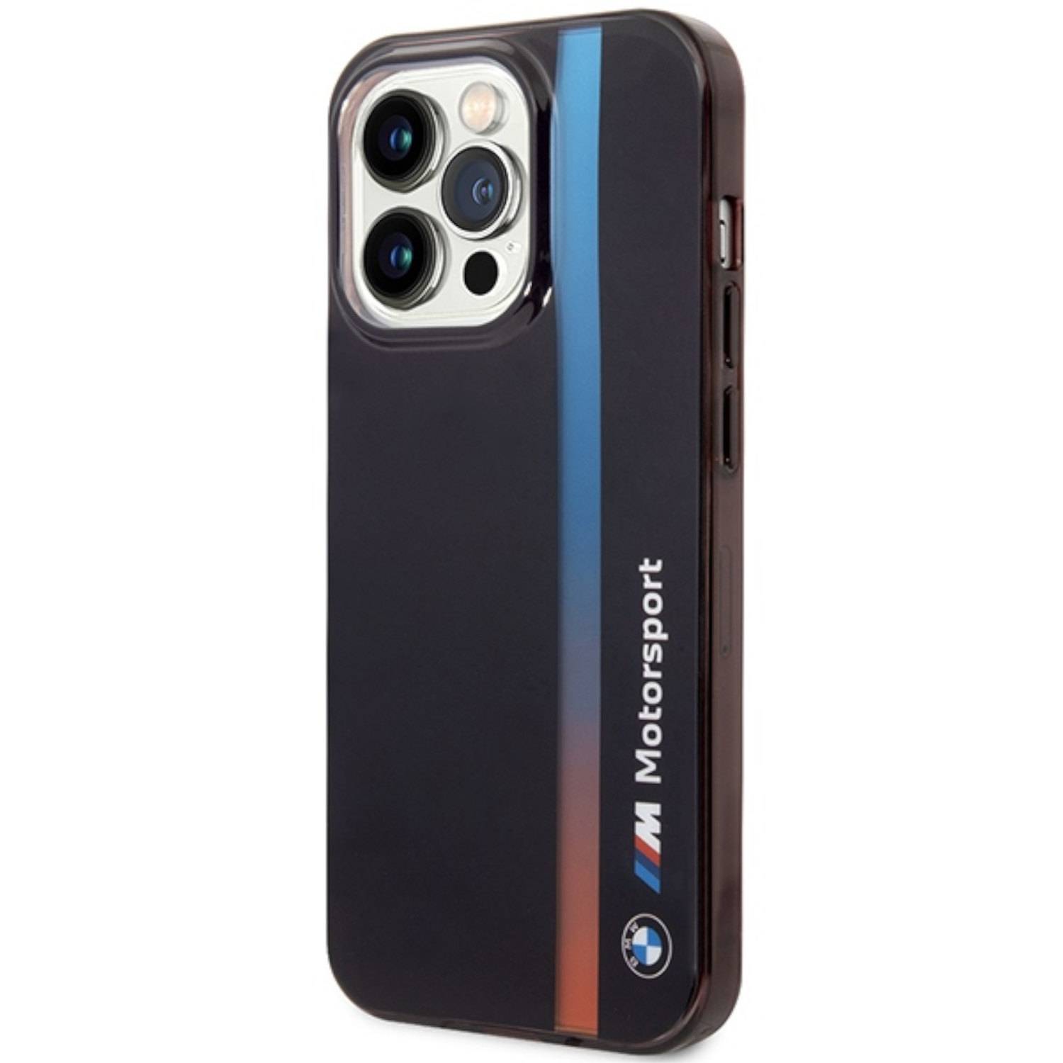 BMW Tricolor Stripe Hardcover Case Hülle für Apple iPhone 14 Pro Max Schwarz.