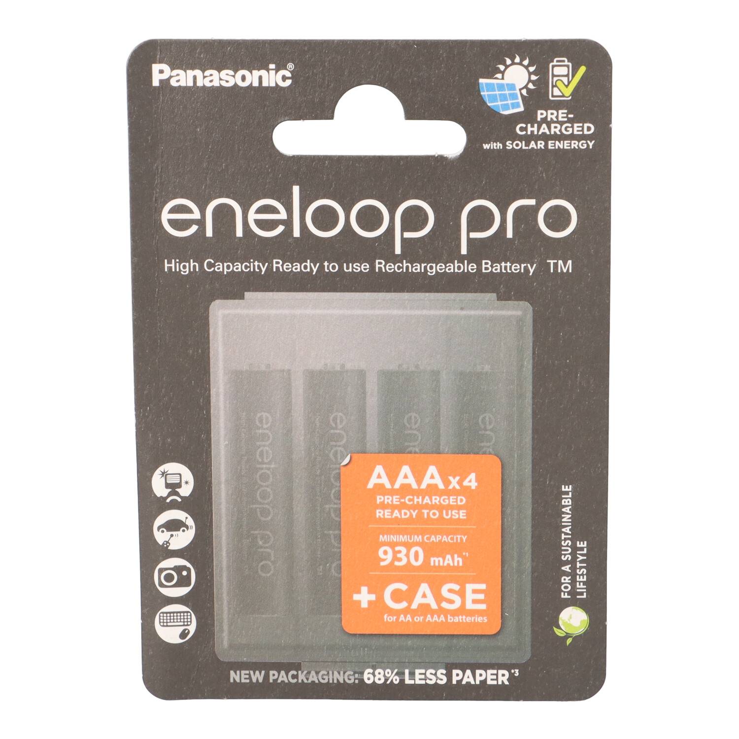 Panasonic eneloop pro AA Batteriepack-Packung mit Bezeichnungen „AAAx4