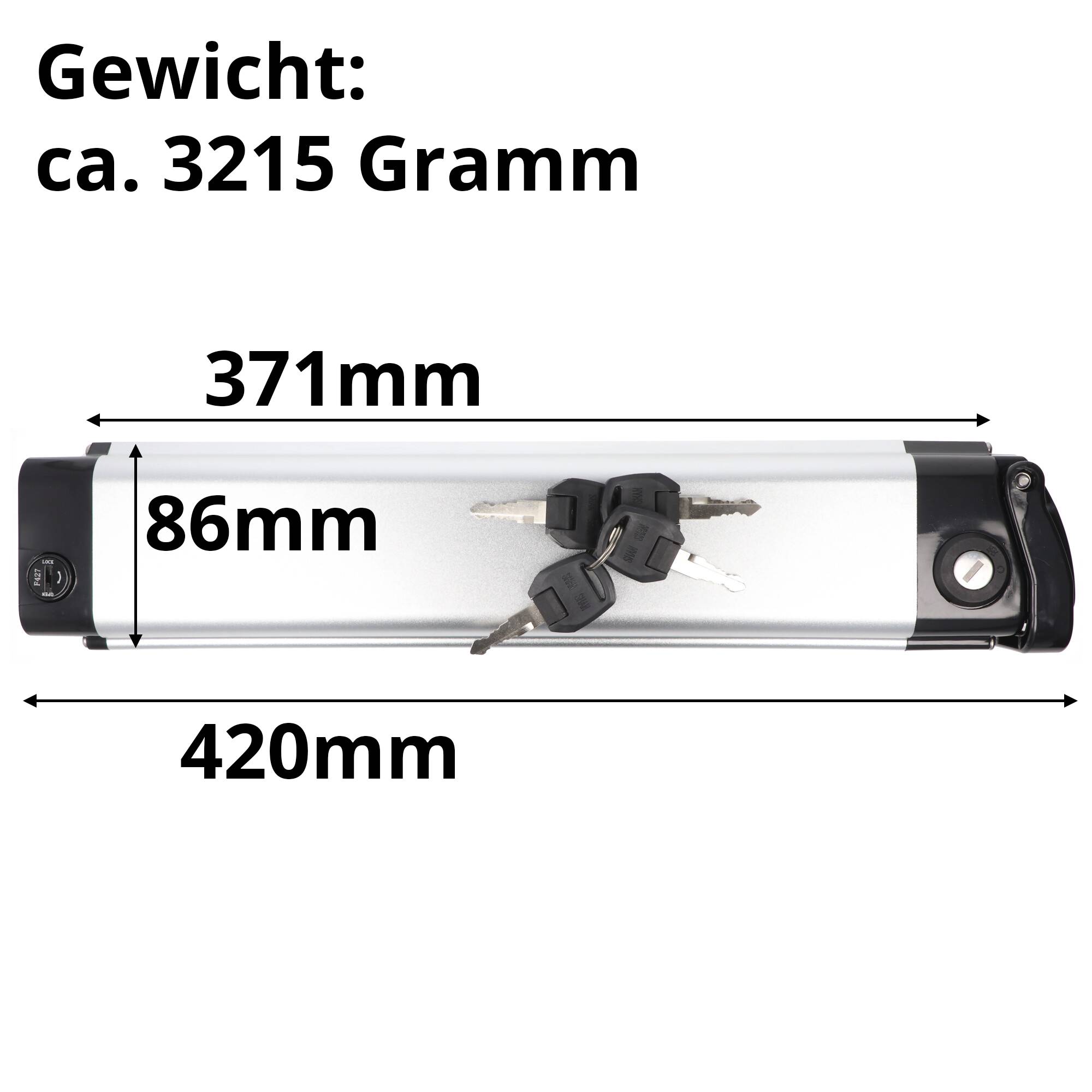 420mm Akku für E-Bike 3,6 Volt 11Ah 400Wh, SilverFish Slick, für swemo SW200, Pegasus D3E, AGOGS lowstep, inklusive Schl