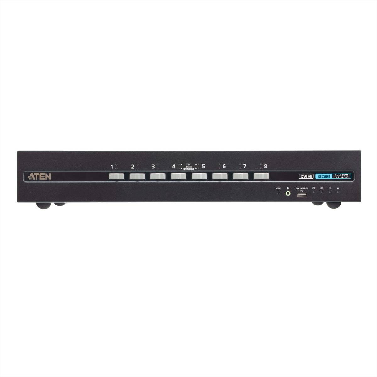 Frontansicht eines von ATEN rack-montierten 8-Port-KVM-Schalters mit nummerierten Auswahlschaltflächen und Statusanzeigen auf einem schwarzen Panel.