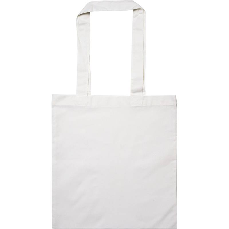 Eine schlichte weiße Tragetasche mit langen Henkeln, die vor einem weißen Hintergrund abgebildet ist.