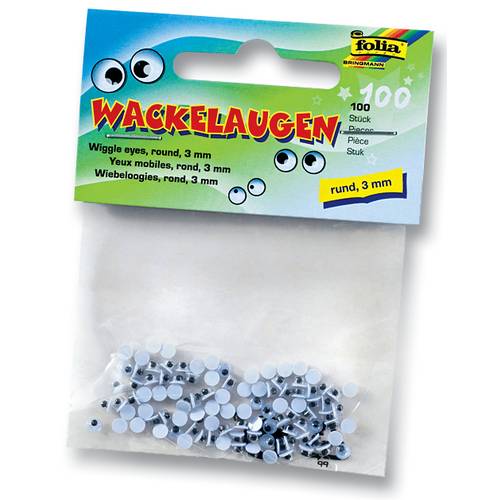 folia 750003 Wackelaugen mit beweglicher Pupille, rund Ø 3mm, nicht selbstklebend, weiß/schwarz (100er Pack)