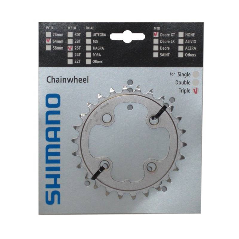 SHIMANO Y1J226000 Deore XT Kettenblatt, 26 Zähne, Lochkreis 4 x 64 mm, für Deore XT/LX FC-M771/M761/M583, silber