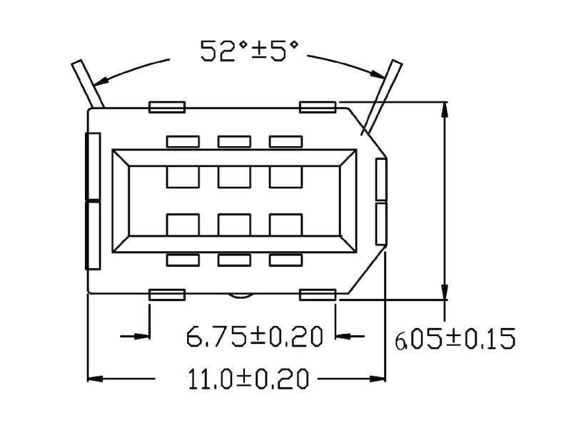 Technische Zeichnung eines rechteckigen Bauteils mit Befestigungslaschen, mit den Abmessungen 11,0±0,20 × 6,05±0,15 und einem Winkel von 52°±5°.