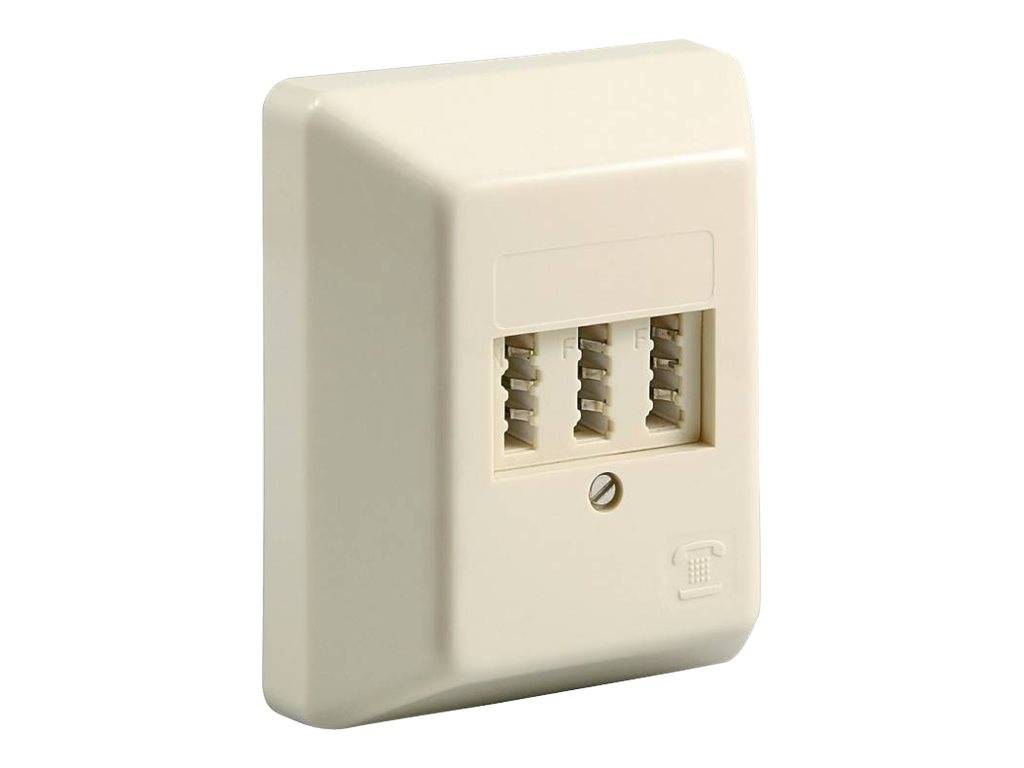 Beige Wandmontage-Telefonanschlussbuchse mit drei modularen Anschlüssen und einer Schraube darunter.