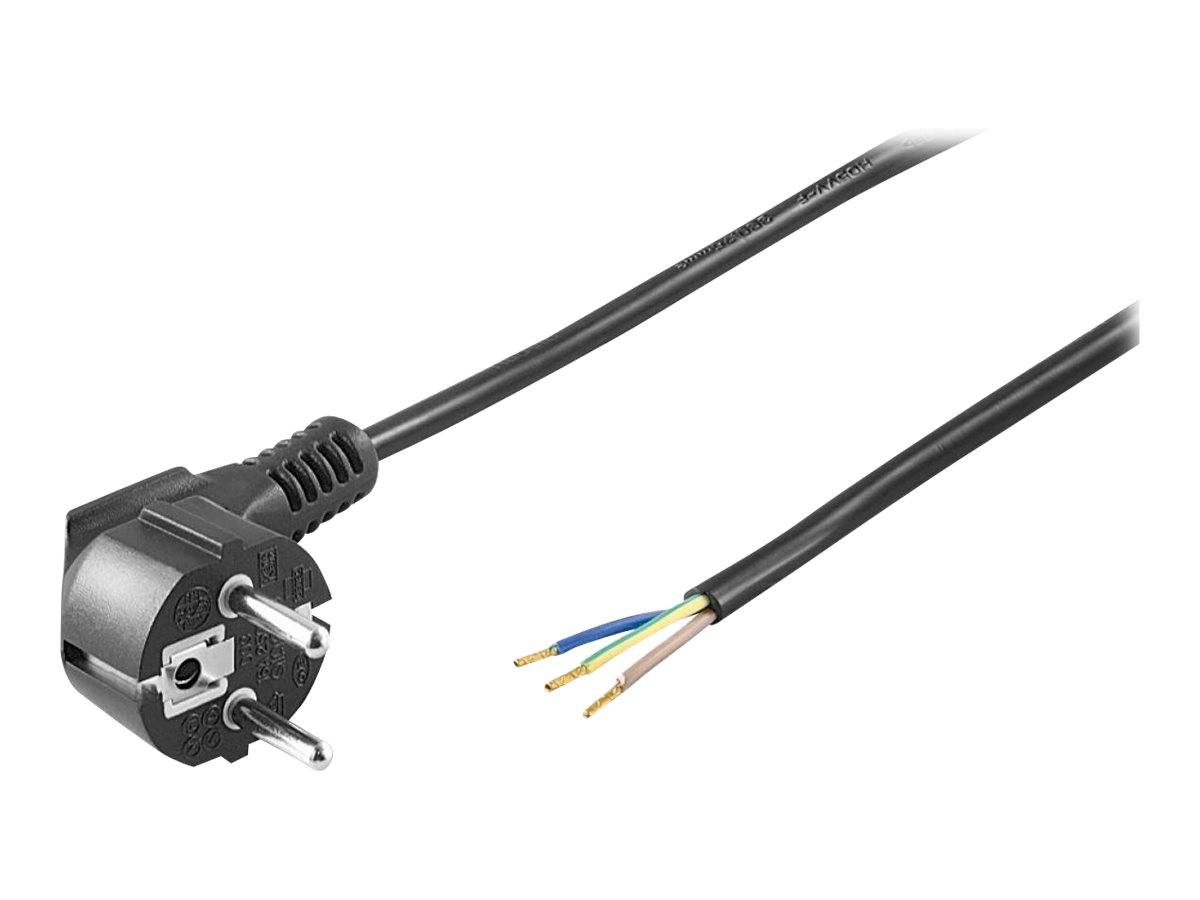 Schwarzes Stromkabel mit europäischem Stecker auf der einen Seite und drei freigelegten Drähten auf der anderen Seite, dargestellt auf weißem Hintergrund.