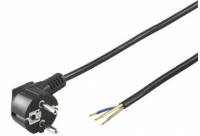Schwarzer abgewinkelter Stromstecker mit angeschlossenem Kabel, das freiliegende Enden eines dreiadrigen Kabels auf weißem Hintergrund zeigt.