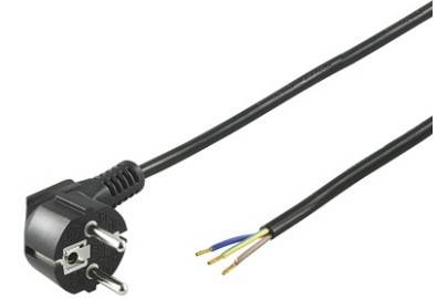 Schwarzes Stromkabel mit europäischem Stecker und freiliegenden, abisolierten Enden des dreiadrigen Kabels.