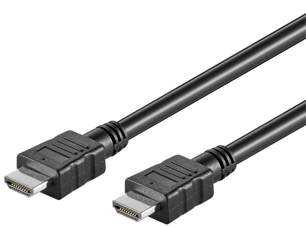 Ein schwarzes HDMI-Kabel mit Anschlüssen an beiden Enden wird vor einem weißen Hintergrund gezeigt.