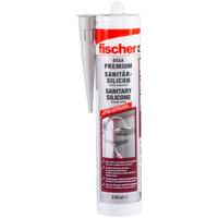 Ein Behälter mit Fischer Premium Sanitär-Silikon Sanitärsilikon-Dichtungsmasse mit integrierter Applikator-Düse.