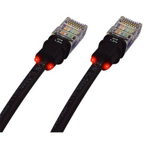 Zwei schwarze Ethernet-Kabel mit RJ45-Steckern, nebeneinander abgebildet, jeweils mit roten Anzeigelichtanzeigen in der Nähe der Steckerendomden.