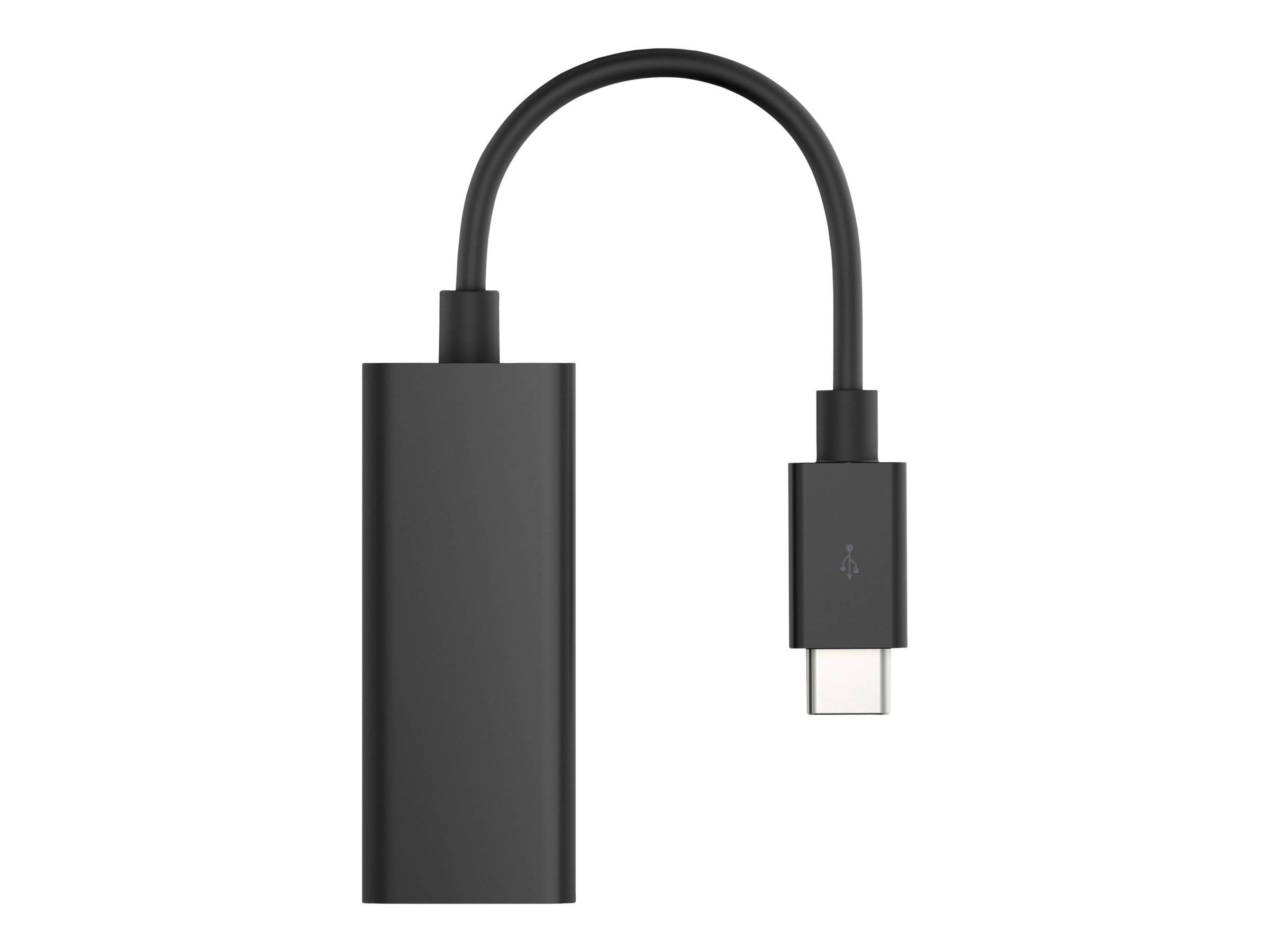 Schwarzer USB-C-Adapter-Dongle mit kurzem Kabel und rechteckigem Anschluss auf weißem Hintergrund