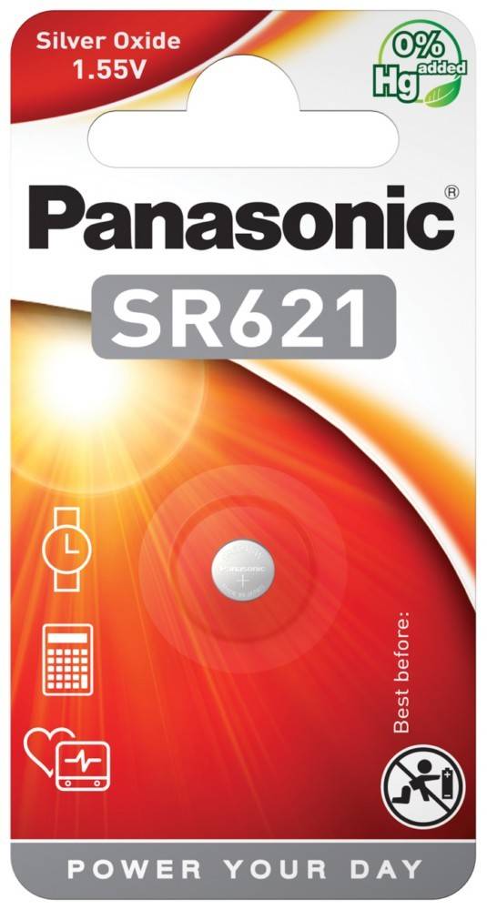 Verpackung für Panasonic SR621-Batterie mit Bildern einer Uhr und eines Taschenrechners, die die Gerätekompatibilität angeben.