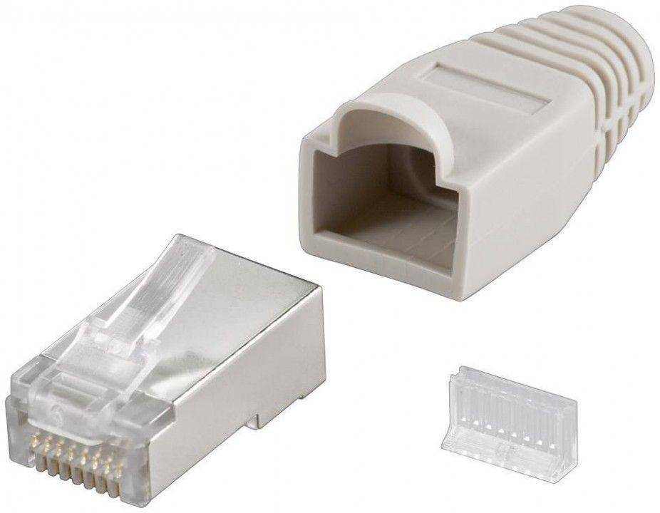 CAT 5e RJ45 Stecker für Rundkabel, STP, Crimpmontage, Knickschutz - Farbe: grau