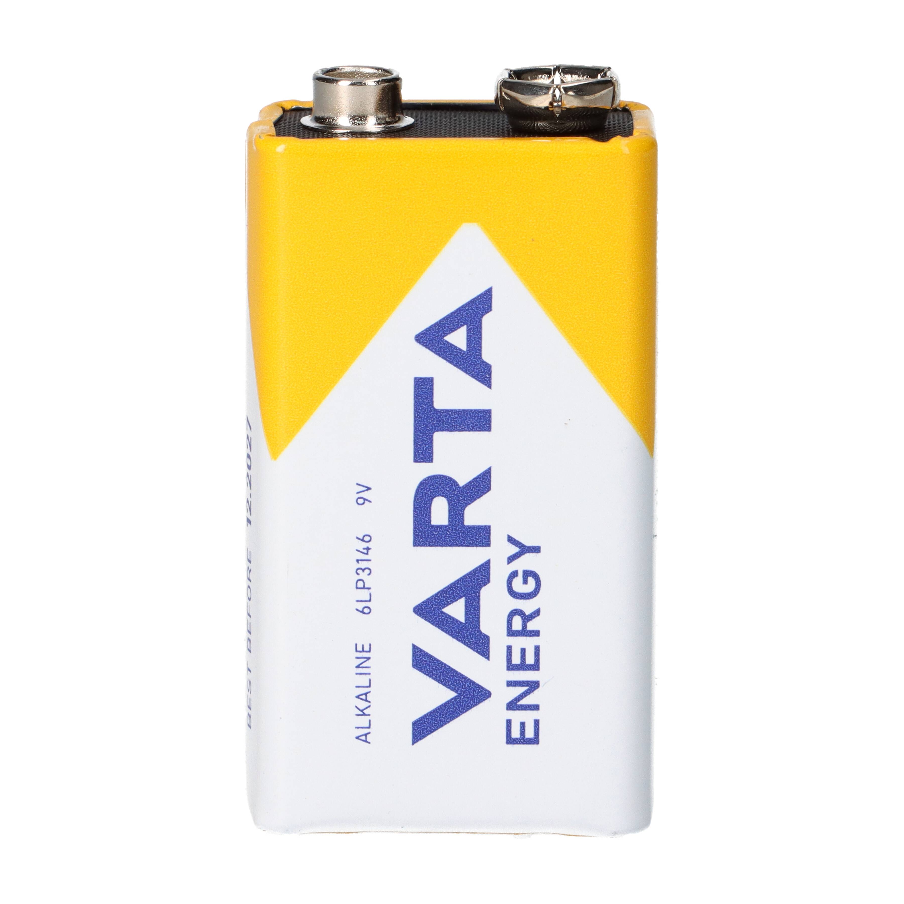 Eine 9V VARTA Energy Alkalibatterie mit oberen Anschlüssen auf weißem Hintergrund.