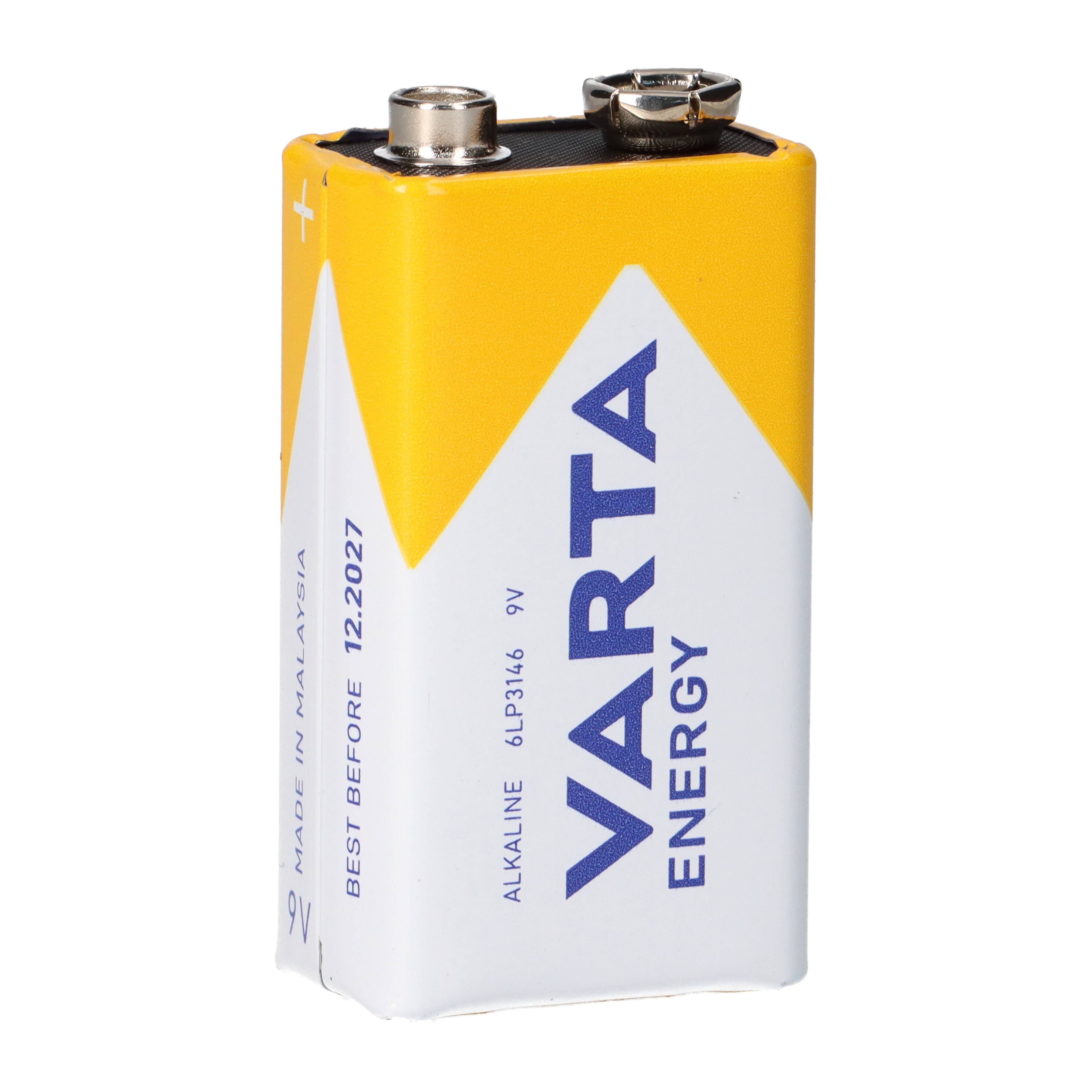 Eine gelb-weiße Varta Energy 9V Alkaline-Batterie mit zwei Anschlüssen oben, abgebildet auf einem einfachen Hintergrund.