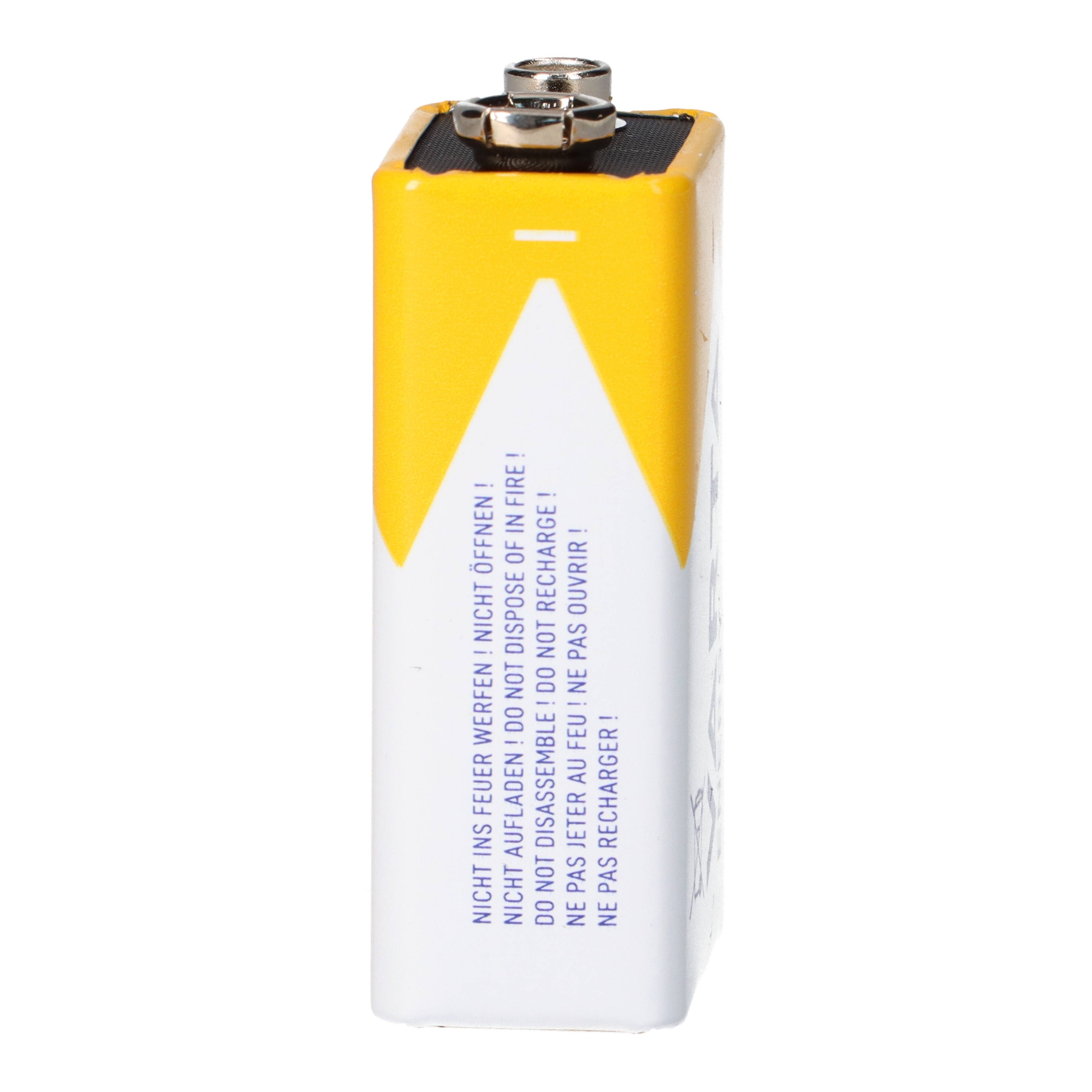 Eine 9-Volt-Batterie mit gelbem und weißem Gehäuse und Warntext auf der Vorderseite.