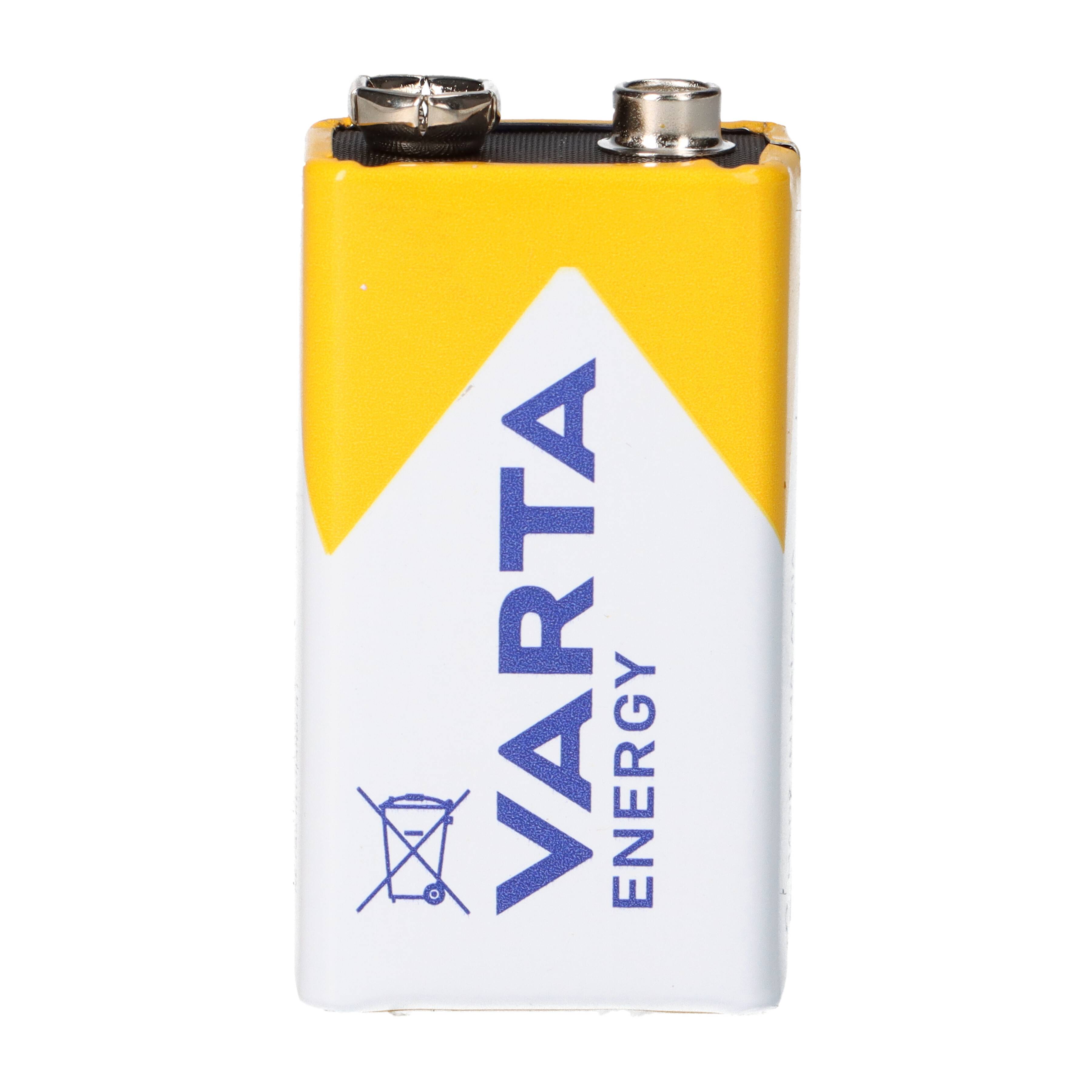 Eine weiß-gelbe 9V VARTA Energy Batterie mit zwei Metallklemmen, gezeigt auf einem einfachen Hintergrund.