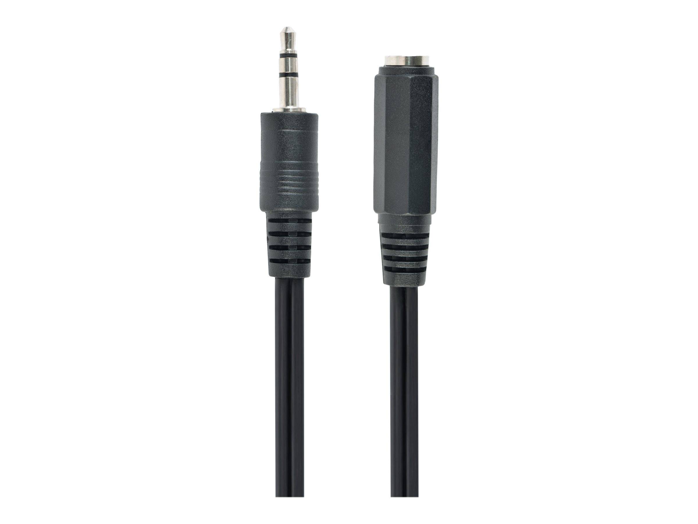 Schwarzes Audiokabel mit einem 3,5-mm-Stecker auf der einen Seite und einer entsprechenden Buchse auf der anderen Seite, gezeigt auf weißem Hintergrund.